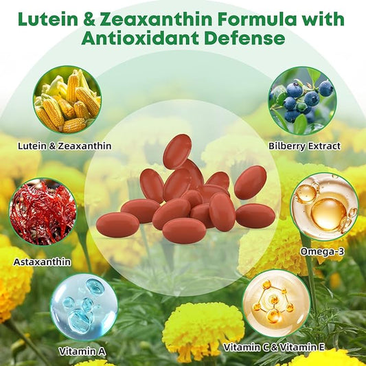 Lutein and Zeaxanthin Supplement, Lutein Eyes Vitamins Support Vision Clarity Macular Health Dry Eye Comfort Blue Light with Bilberry Extract Omega 3 Zinc and Vitamins C & E for Adults