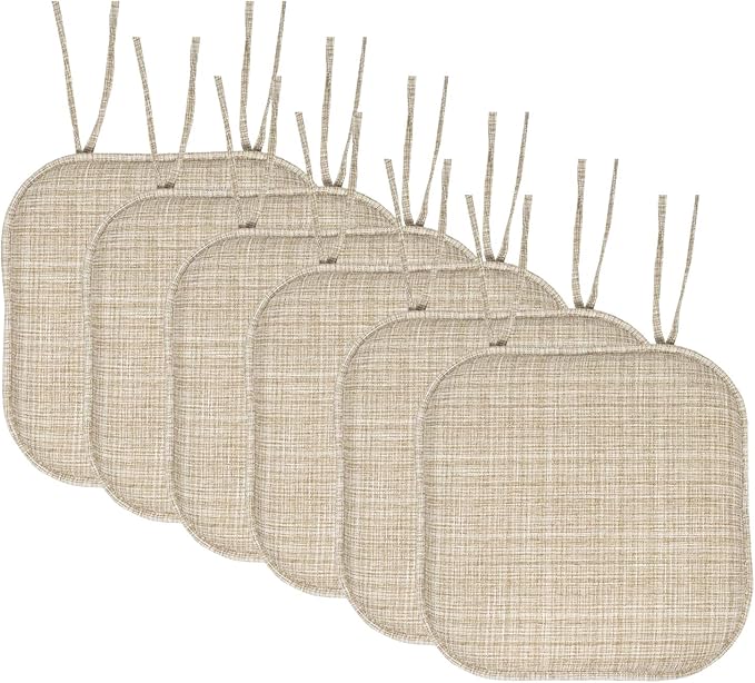 Sweet Home Collection Chair Cushion Memory Foam Pads with Ties Honeycomb Pattern Slip Non Skid Rubber Back Rounded Square 16" x 16" Seat Cover, 6 Pack, Aria Beige 12 Pack