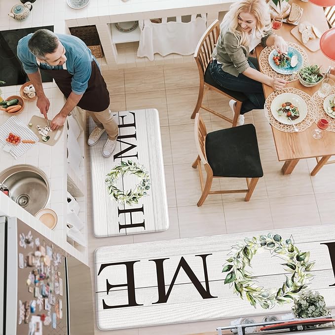 KIMODE Kitchen Anti Fatigue Rug Set of 2, Ergonomic Standing Kitchen Mat Set 2PCS, Farmhouse Kitchen Runner Stain Resistant, Non Slip Waterproof Kitchen Mats for Floor, 20" x 71" + 20" x 32", White