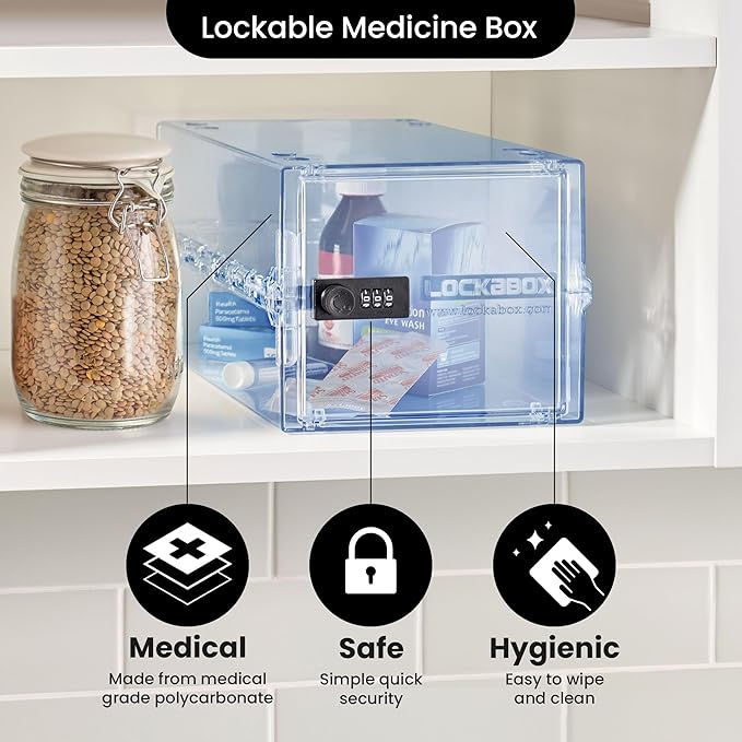 Lockabox One™ | Premium Medicine Lock Box | Medium Medication Lock Box With Code For Medicines, Vitamins & Supplements | External Size 12 x 8 x 6.6 inches (Light Medi Blue)