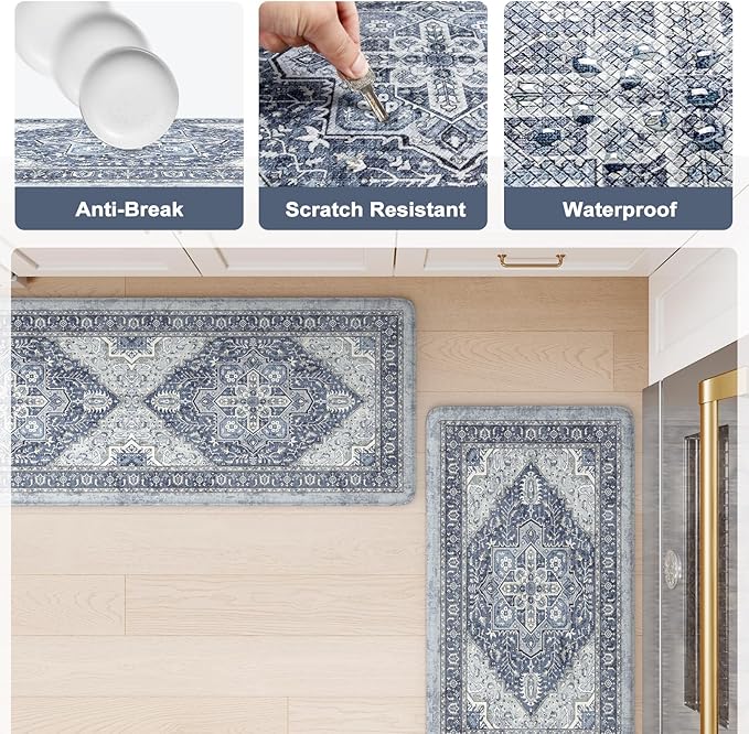 KIMODE Anti Fatigue Kitchen Mat, Cushioned Kitchen Mats for Floor 2 Piece, Boho Vintage Kitchen Rugs, Comfort Foam Standing Desk Mat for Laundry, Office, Sink Navy Blue 17"x47"+17"x29"