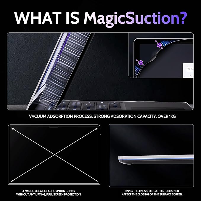Privacy Screen for 13.8 Inch Surface Laptop 7, MagicSuction™ Removable Anti Spy Black Protector, Glare Blue Light Filter for Microsoft Laptop Computer Monitor