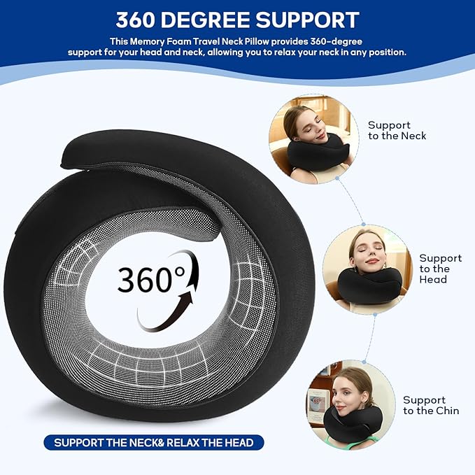 Badink®l Memory Foam Neck Travel Pillow, Neck Pillow Airplane with MagicStrap – Adjustable Ergonomic Travel Pillow for Office/Airplane/Car, Washable Cover, Portable Cervical Support （Black）