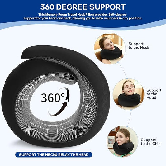Badink®l Memory Foam Neck Travel Pillow, Neck Pillow Airplane with MagicStrap – Adjustable Ergonomic Travel Pillow for Office/Airplane/Car, Washable Cover, Portable Cervical Support （Black）