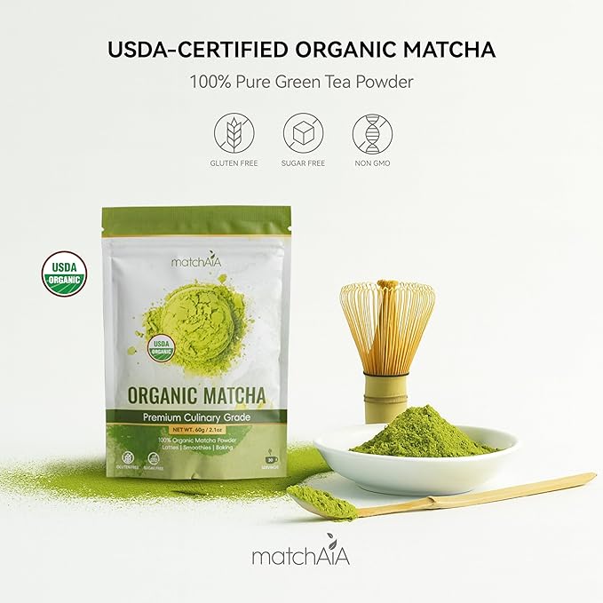 MatchAiA Organic Matcha Green Tea Powder - Premium Culinary Grade, USDA Certified, 100% Pure - Perfect for Lattes, Smoothies, Desserts and Baking - Sugar Free, Gluten Free (60g / 2.1oz Pouch)