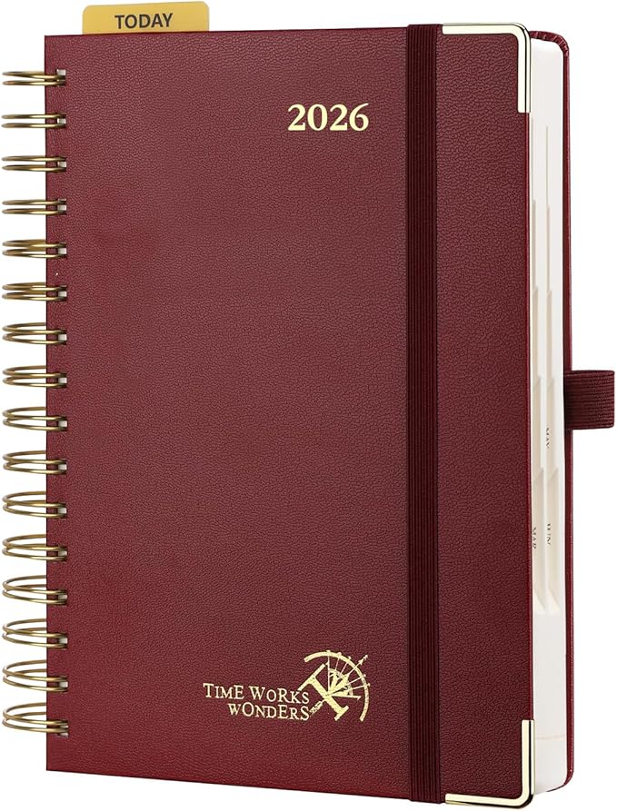 POPRUN 2026 Daily Planner One Page A Day - [8.5" x 5.75" Wire-Bound Hard Cover] Agenda 2026 Hourly Appointment Book with Monthly Calendar, Inner Pocket, Ivory Paper - Burgundy