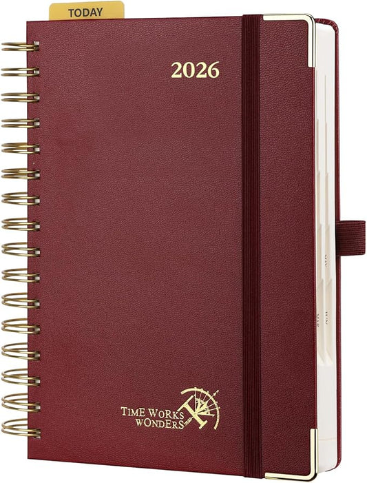POPRUN 2026 Daily Planner One Page A Day - [8.5" x 5.75" Wire-Bound Hard Cover] Agenda 2026 Hourly Appointment Book with Monthly Calendar, Inner Pocket, Ivory Paper - Burgundy