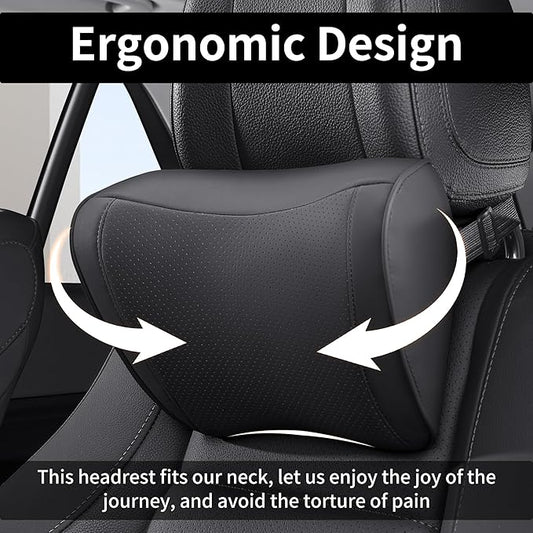 Car Headrest Pillow 100% Memory Foam, Breathable Removable Leather Cover, Premium Seat Support Head Neck Cushion for Driving Travel Home Office, Black, 2 Pack