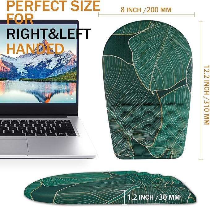 Ergonomic Mouse Pad Wrist Support,Upgrade Mousepad with Massage Design,Non-Slip PU Base Desktop Mouse Pads for Pain Relief, Computer, Office & Home,12 x 8 in（F-Leaf Green）