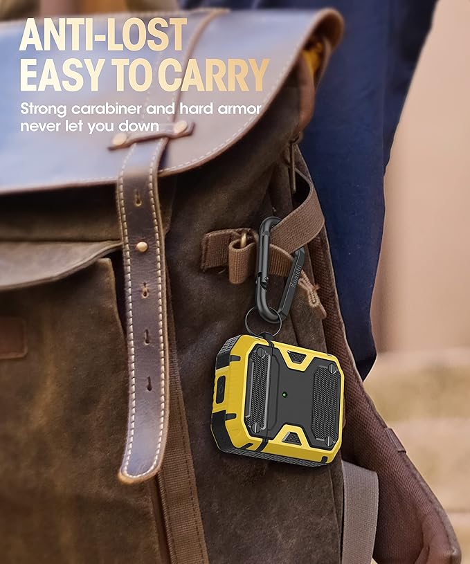 Koaichi Compatible with AirPods Case, Full-Body Rugged Hard Shell Protective Case Cover with Keychain Designed for AirPods 1st & 2nd, Black/Yellow