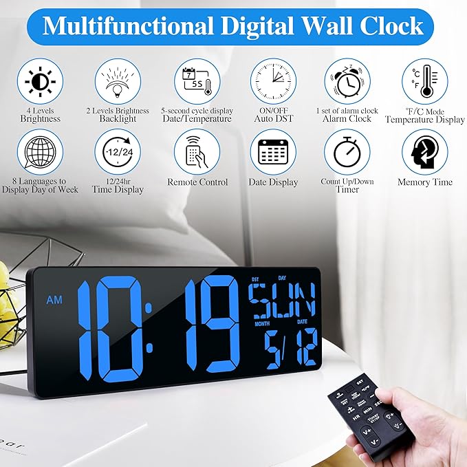 Large Digital Wall Clock with Remote Control 17.2" LED Large Display Timer with Temperature Date Week Auto DST Adjustable Brightness, Big Wall Alarm Clock for Living Room Office Garage Gym Seniors
