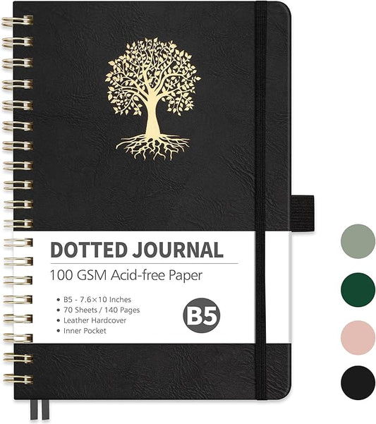 RETTACY Bullet Dotted Journal Notebook, 140 Pages, B5 Medium Size (7.6" × 10"), Leather Hardcover, 100 GSM Thick Paper, Spiral-bound, for Bullet Journaling, Planning, Tracking (Black)