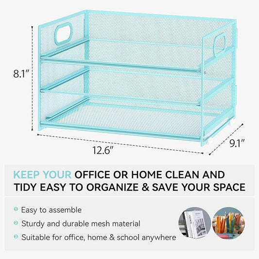 Subekyu 3 Tier Paper Desk Organizer with Handle and 1 PC Slideable Letter Tray, A4 Paper File Folder Sorter Metal Mesh Organizer for Home Office School Desk Supplies Organization Storage, Blue