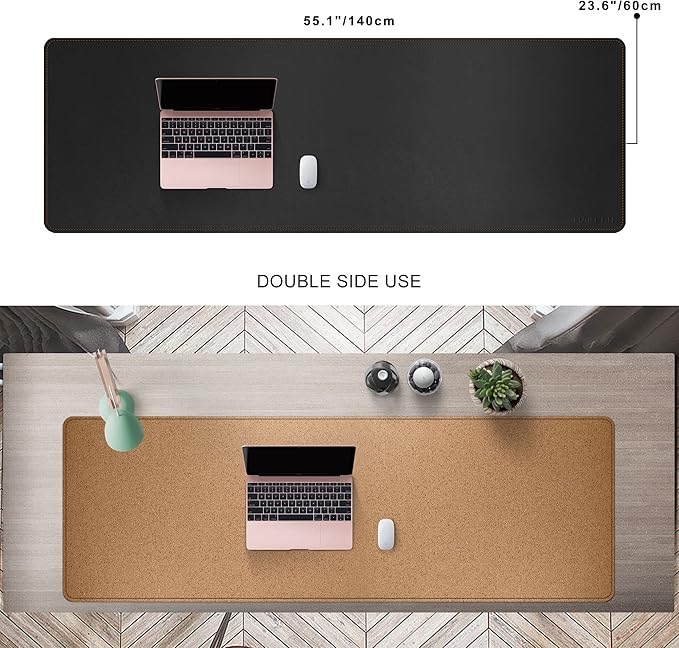 MAIDERN 55” x 24” Cork & Leather Desk Pad, Large XXL Desk Mat, Full Desk Mouse Pad, Dual Sided Desk Pad, Desk Pad Protector for Gaming Home Office (Black)