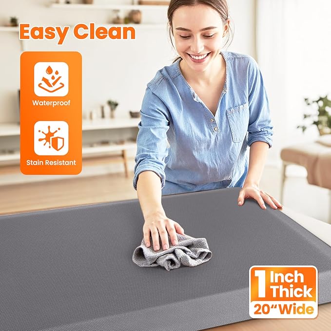Kitchen Mats for Floor, 1 Inch Extra-Thick Kitchen Rugs, Non-Slip & Waterproof Standing Desk Mat, Comfort Anti Fatigue Mats for Kitchen Floor, Home, Sink, Office (20" X 32", Grey)