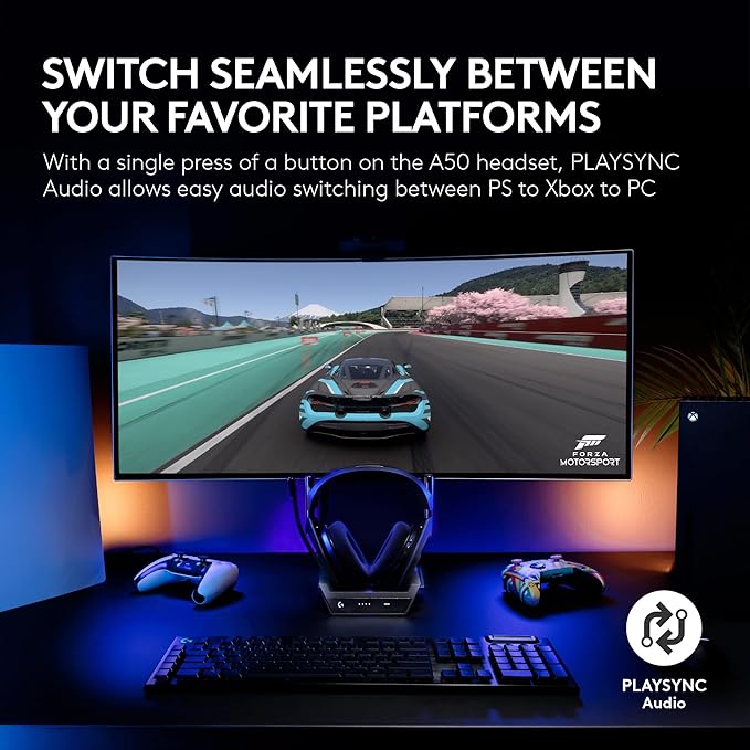 Logitech G Astro A50 Omni-Platform Wireless Gaming Headset + Base Station for PS5, Xbox, PC: PLAYSYNC Audio Switcher, <16 bit/48kHz (Console), <24 bit/48 kHz (PC), 24hr Battery, 2.4GHz & BT - Black