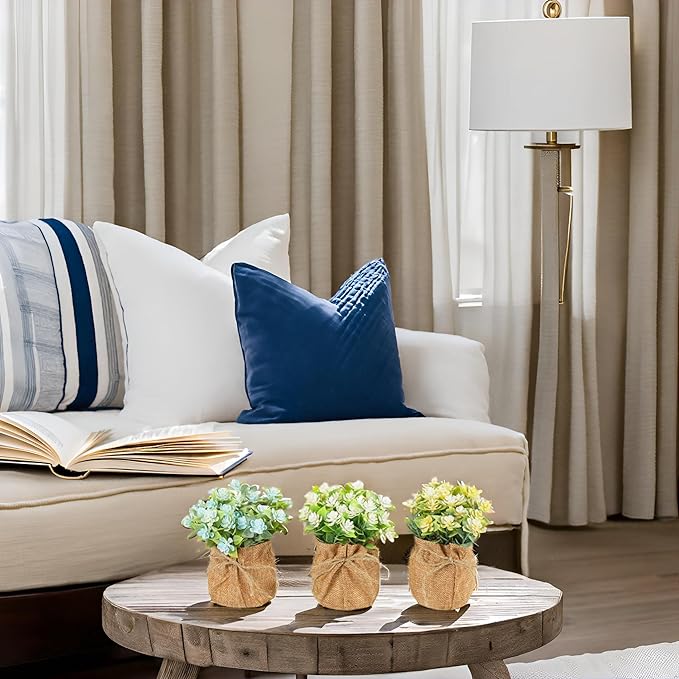 Velener Artificial Flowers in Small Burlap Bag Vases 3Pcs - Faux Flowers Farmhouse, Fake Plants Home Coffee Table Bookshelf Office Desk Decorations Kitchen Dining Room Indoor(White/Yellow/Blue)