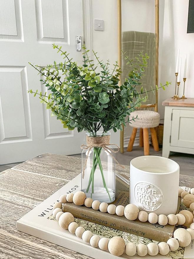 Fake Plants Eucalyptus Stems in Glass Vase with Faux Water, Artificial Plants Eucalyptus Leaves for Shelf Desk Bathroom Farmhouse Coffee Table Home Decor