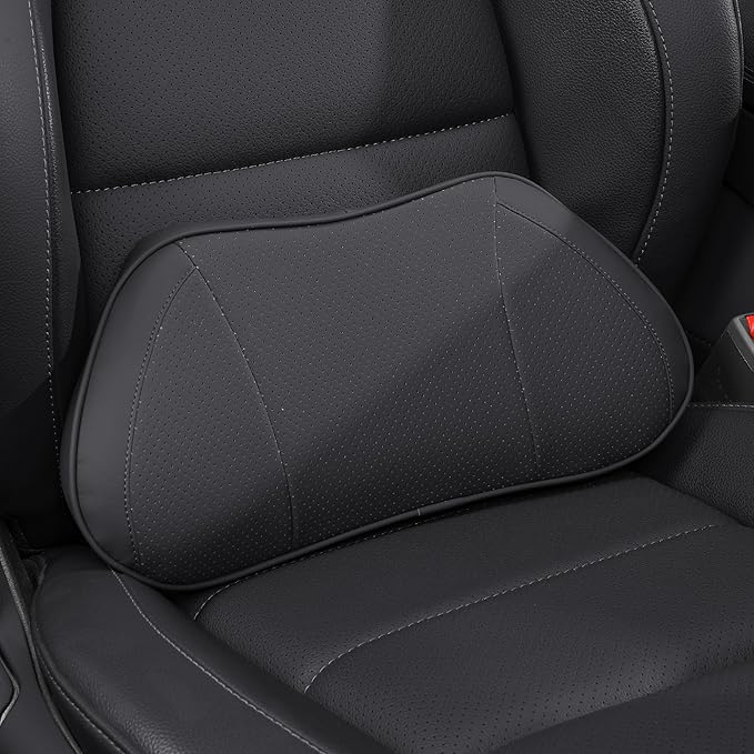 Lumbar Support Pillow for Car, Premium Leather Memory Foam Lumbar Cushion for Lower Back Pain Relief, Universal Back Support for Driving, Home & Office Chairs, Black, 1 Pack