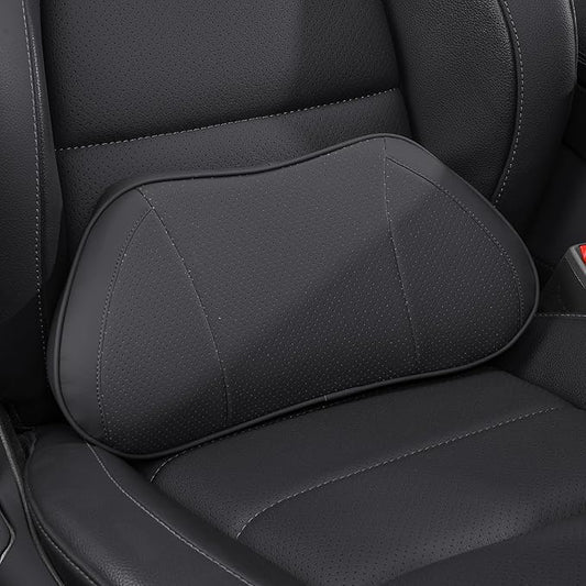 Lumbar Support Pillow for Car, Premium Leather Memory Foam Lumbar Cushion for Lower Back Pain Relief, Universal Back Support for Driving, Home & Office Chairs, Black, 1 Pack
