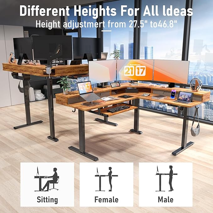 L Shaped Standing Desk with USB Charging Port & 4 Drawers,63 x 55 inch Electric Adjustable Height Corner Stand Up Desks with Keyboard Tray & Storage,Sit Stand Computer L Desk for Gaming Office