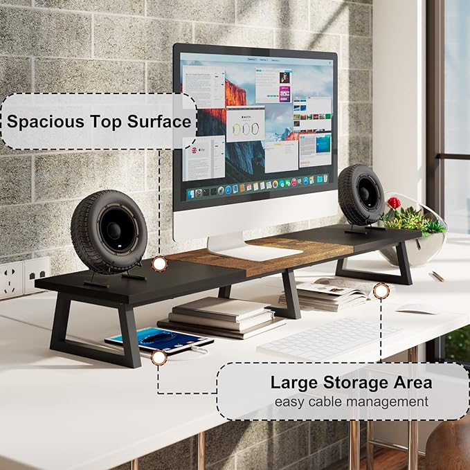 TEAMIX 42 inch Large Dual Monitor Riser, Extra Long Monitor Stand Riser for 2 Monitors, Wood & Steel Desktop Riser Desk Organization Home Office (Black+Brown, 42 inch)