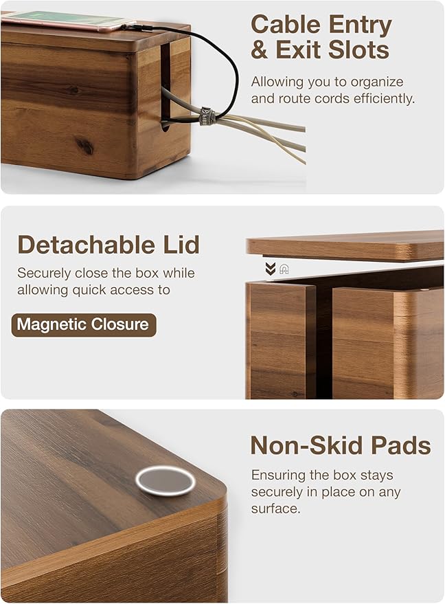 Acacia Wood Large Cable Management Box Round Edge - 16" L Wooden Power Strip Box, Surge Protector Box - Cable Hider Box for Office, Living Room - 2 Open Slots, Magnetic Lid (Walnut Color)