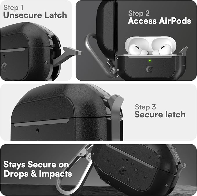Keybudz for AirPods Pro Case with Lock - Fully Waterproof AirPods Pro 2nd Generation Case Cover - Keychain, Rugged Tough Protection, Hard Shell and Carabiner for USB-C/Lightning (Carbon Black)