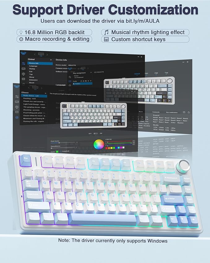 AULA F75 75% Wireless Mechanical Keyboard, Hot Swappable Creamy Keyboard, Pre-lubed Greywood Switches RGB Backlit Gaming Keyboards, 2.4GHz/Type-C/BT5.0(Salt White Blue)