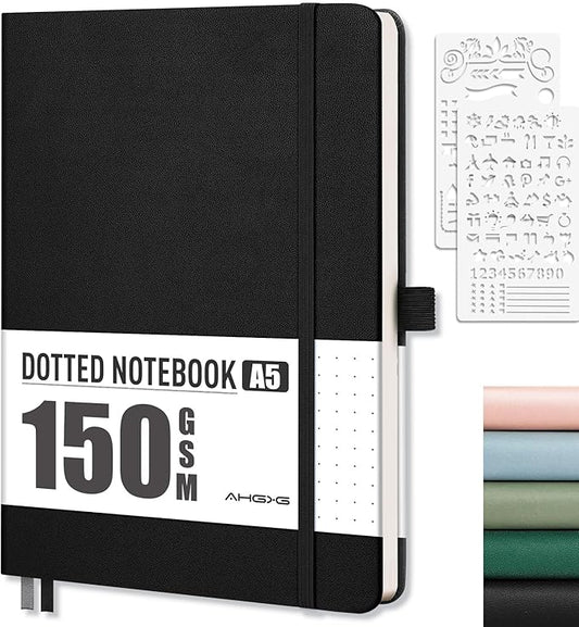 AHGXG Bullet Dotted Journal - 150 GSM Dot Grid Notebook Journal, Thick Acid-Free Paper, A5 Dotted Notebook 128 Pages, Leather Hardcover, Inner Pocket, Journal Stencil, 5.7'' × 8.3'' - Black