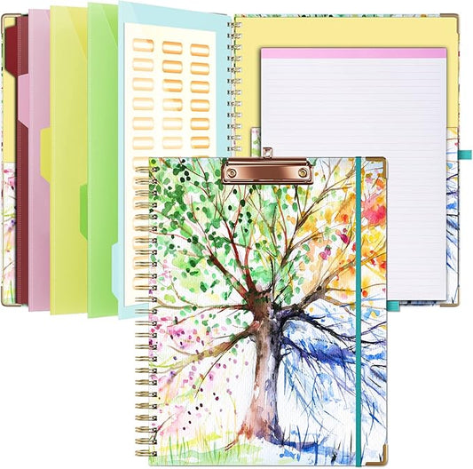 Ospelelf Clipboard with Storage 8.5 X 11，Padfolio Organizer, Spiral Portfolio Letter Size with Notepad, Pen Holder, 5 Extra Folder Divider Pages, Elastic Closure Nurse Office Essentials (Tree Seasons)