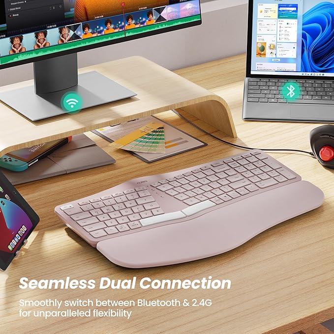 Nulea RT05 Wireless Ergonomic Keyboard, Split Keyboard with Wrist Rest, USB-C Charging, 7-Color Backlight, Natural Typing, Bluetooth and USB Connectivity, Compatible with Windows,Mac(Pink)