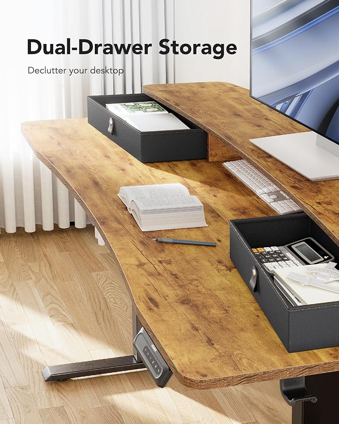 HUANUO 55″ x 26″ Electric Standing Desk with 2 Drawers, C-Clamp Mount Compatible, Height Adjustable Computer Desk, Home Office Stand Up Desk with 4 Preset Heights & 2 Hooks, Vintage Brown