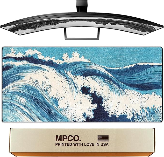 MPCO. Ukiyo-E Large Gaming Desk Pad - 36" x 17" Aeroglyde Fabric Ocean Waves Desk Mats - Washable, Smooth Glide for Precision Gaming & Work