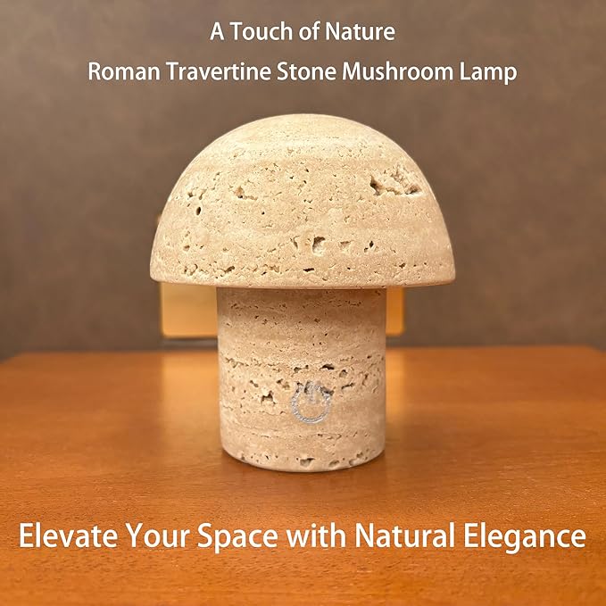Natural Stone Mushroom Lamp - Handcrafted Travertine Night Light, Rechargeable with Type-C, Dimmable LED Accent Light for Bedroom & Living Room
