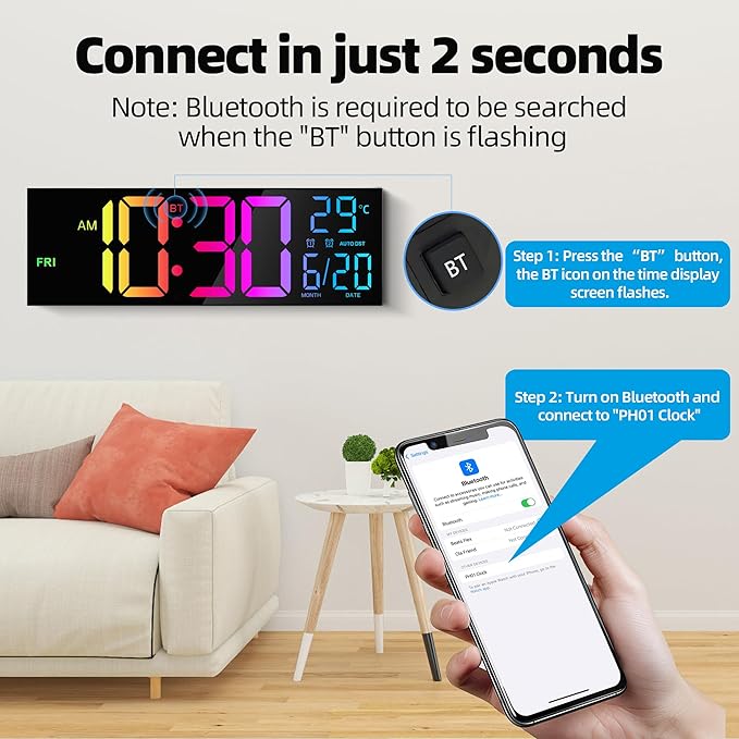 Maxstar 16.2'' Large Digital Wall Clock with Bluetooth Auto Sync, Remote Control, Alarm, LED Display, RGB Colors, Auto DST & Temperature for Classroom, Bedroom, Office, Garage-Black