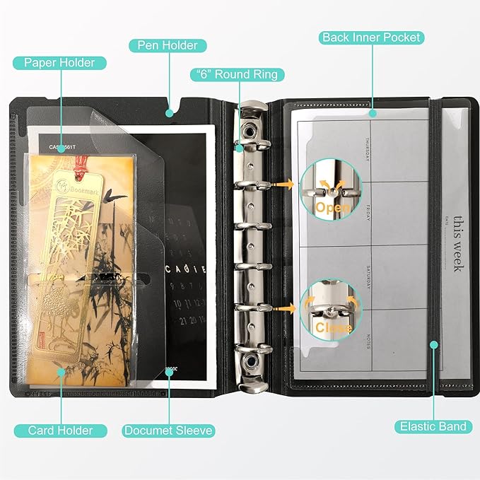 CAGIE A7 Binder 6 Ring Notebook with Dividers Refillable Planner Binder with Pockets, A5 Refill Paper Include Planning Square Ruled and Dotted Pages, 4.13 x 5.71 In, (Grey, A7 Hourly&Dot Page)