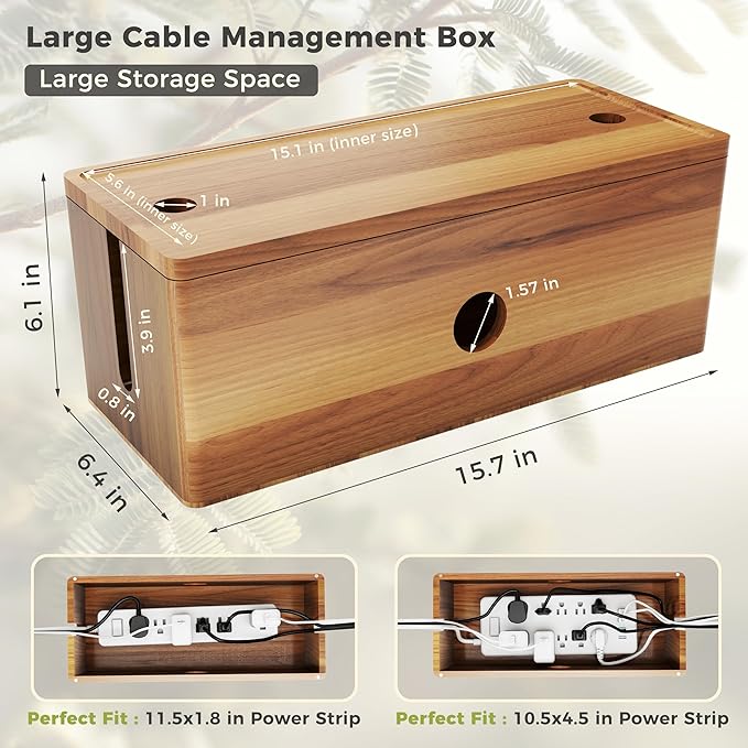 Large Cable Management Box, Acacia Wood Cord Organizer Box with Magnetic Removable Lid, 4 Open Slots Desk Organizer, Hides TV Cables, Computer Wires, USB Hub, Power Strip, and Phone Charger