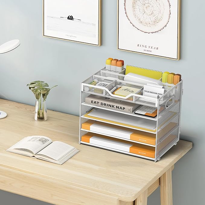 5 Tier Paper Letter Tray with 3 Drop-in Pen Holders, Mesh Desk File Organizer with Handle, Desk Organizers and Accessories for School,Home, Office Supplies Storage-White