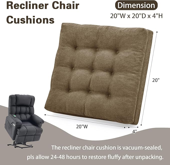 TANYOO Recliner Cushion Patent Dual Layer Fillings Chair Cushion for Elderly 20x20x4 Inches Extra Large Pad for Armchairs Booster Seat Cushions Pain Pressure Relief Brown