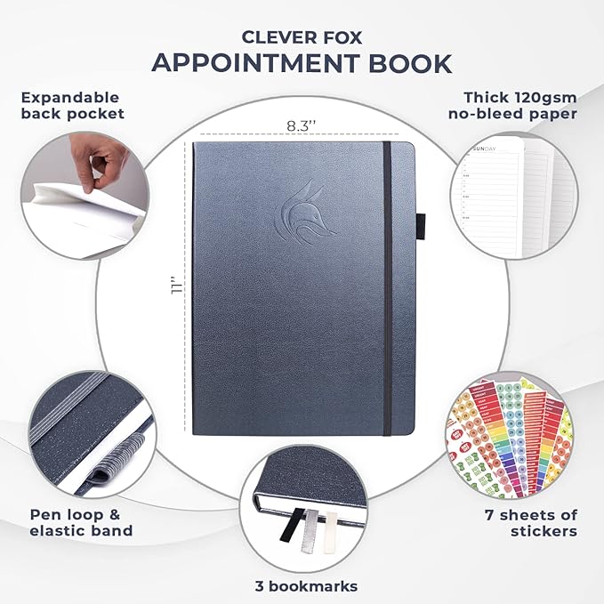Clever Fox Appointment Book – Hourly Schedule Planner with 15-Minute Increments – Time Box Planner for Daily Work & To-Dos – Weekly & Monthly Spreads, Undated, Hardcover, 8.3x11″ (Silver Black)