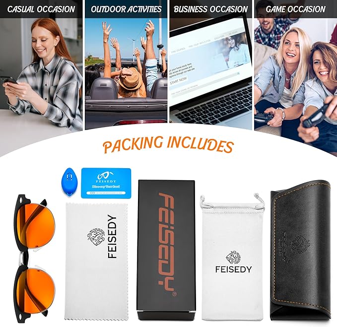 FEISEDY Orange Blue Light Blocking Glasses for Woman Men Amber Lenses Computer Gaming Glasses for Better Sleep