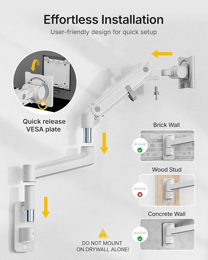 monTEK 17-49 inch Single Monitor Wall Mount for up to 44 lbs Ultrawide Screen, Premium Aluminum Heavy Duty Monitor Arm with Adjustable Gas Spring Arm, 75x75/100x100 VESA Mount, White