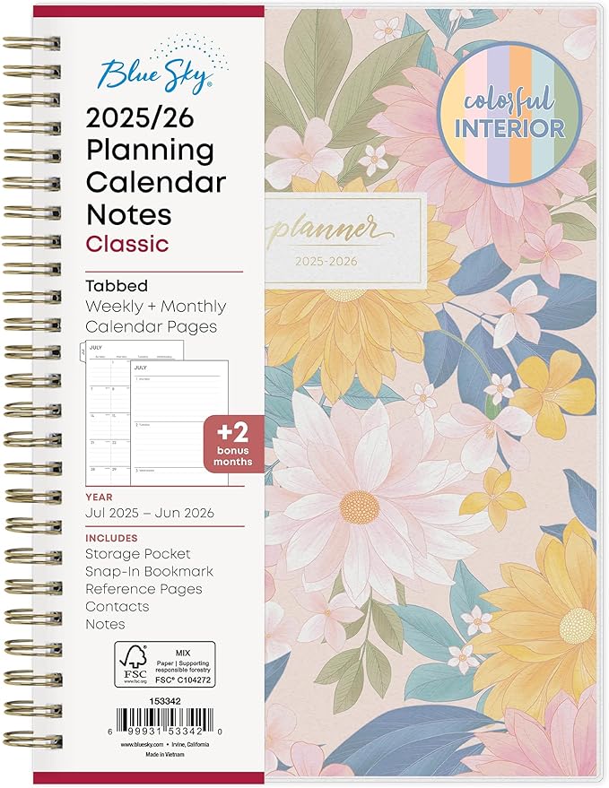 Blue Sky 2025-2026 Weekly and Monthly Academic Year Planner Calendar, July 2025 - June 2026, 5.8" x 8.6", Flexible Cover, Wirebound, Laminated Tabs, Storage Pocket, Daisy Garden