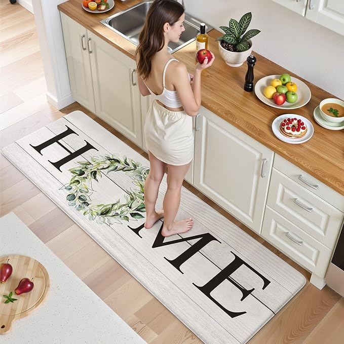 KIMODE Kitchen Mats Cushioned Anti Fatigue 24" x 71", Farmhouse Kitchen Rugs Runner Stain Resistant, Wide Ergonomic Standing Long Non Slip Waterproof Kitchen Floor Mat for Sink Laundry, White