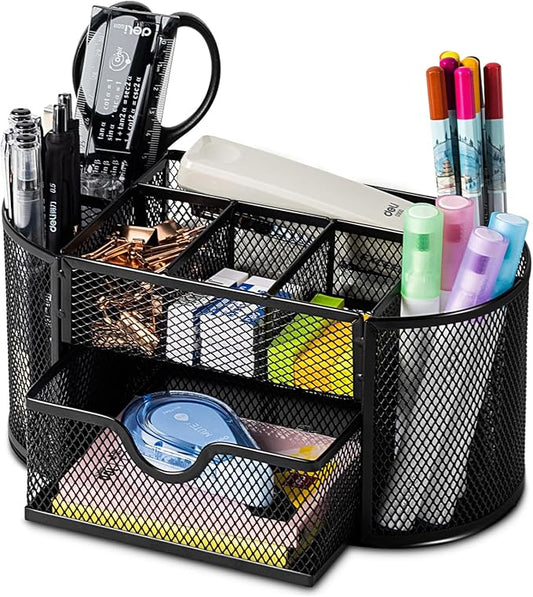 deli Mesh Desk Organizer Office Desktop Organizer with Drawer, Metal Stationary Organizer Desk Caddy Pen Holder, 8 Compartments, Black