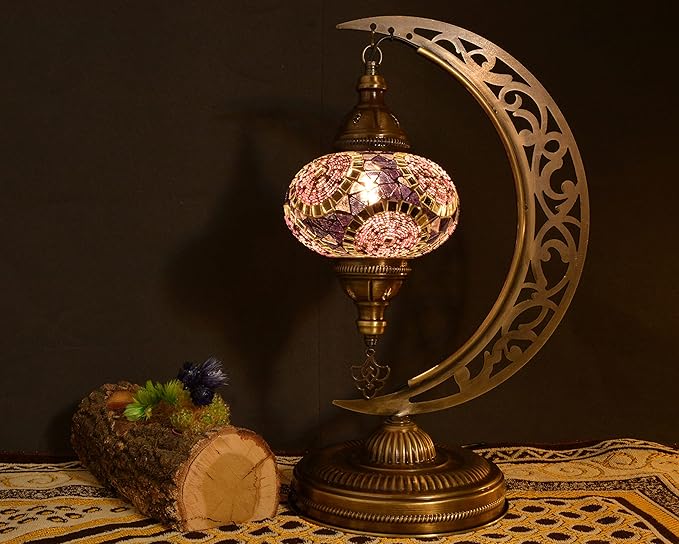 mozaist Turkish Mosaic Moon Shape Table Lamp, Moroccan Vintage Crescent Bohemian Handmade Bedside Light, Rustic Dining Room, Study Room, Office Decorative Lighting, Unique Turkish Gift (Lavender)