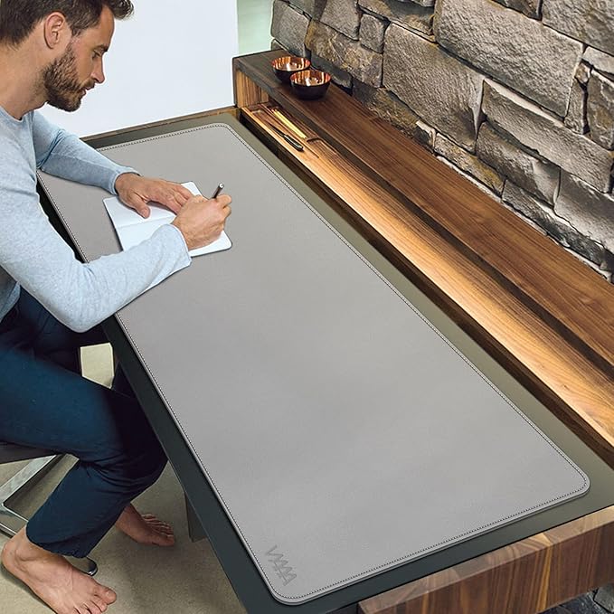 Desk Mat on top of Desks, Vyaaa 63" x 23.6" PU Leather Desk Mat, Large Desk Blotter Pad for Office, Home, Gaming, Computer, Laptop, Keyboard and Mouse - Light Gray