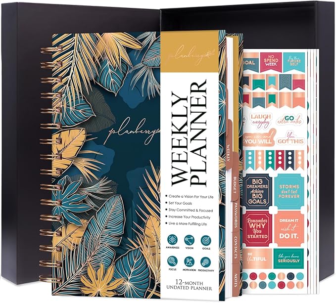 PLANBERRY Weekly Planner Premium – Undated Life Organizer & Budget Planner – Time Management, Goal Setting, to-Do List, Work-Life Balance & Habit Tracker – 6.9″ x 8.5″ (Tropical Forest)