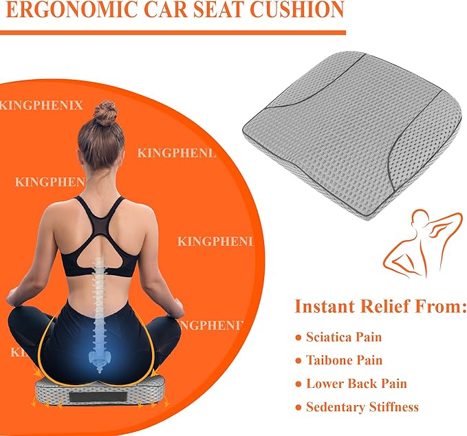 kingphenix Premium Car Seat Cushion, Memory Foam Driver Seat Cushion to Improve Driving View- Coccyx & Lower Back Pain Relief - Seat Cushion for Car, Truck, Office Chair (4D Mesh Gray)